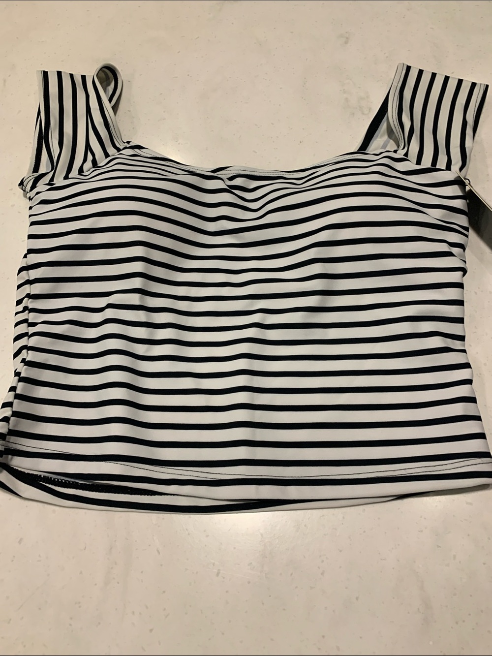 Janela Bay Bardot Tankini Top Size Medium NEW Black & White striped Horizon Cute